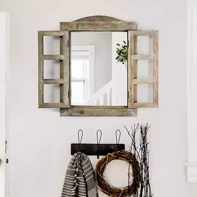 Decorative Mirrors-Kirklands Home Rustic Wooden Dual Window Shutter Wall Mirror