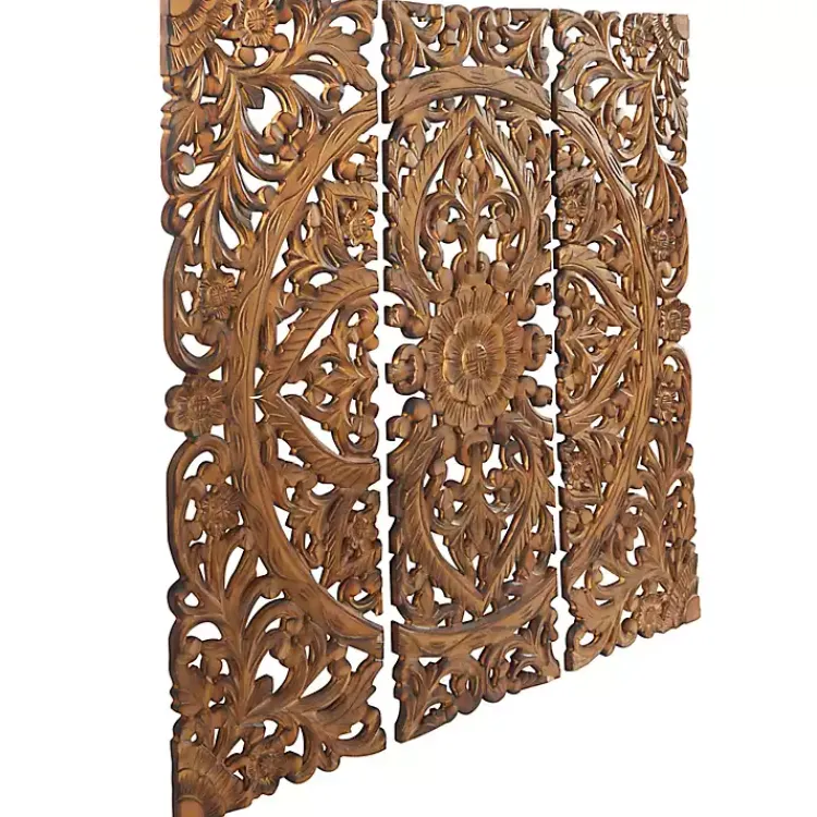 Wall Plaques-Kirklands Home Carved Mahogany 3-pc. Triptych Wall Panels Gold