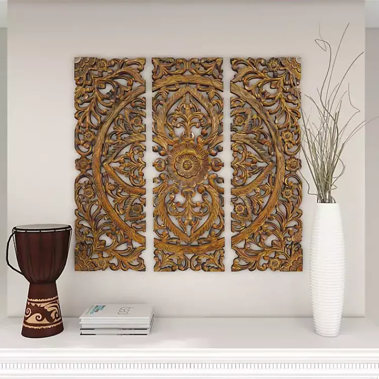 Wall Plaques-Kirklands Home Carved Mahogany 3-pc. Triptych Wall Panels Gold