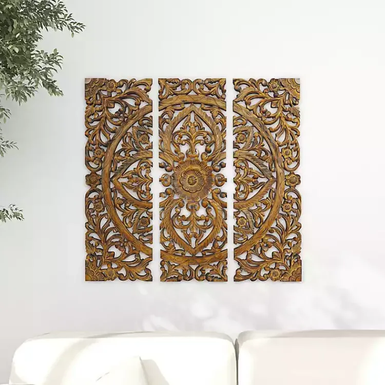 Wall Plaques-Kirklands Home Carved Mahogany 3-pc. Triptych Wall Panels Gold