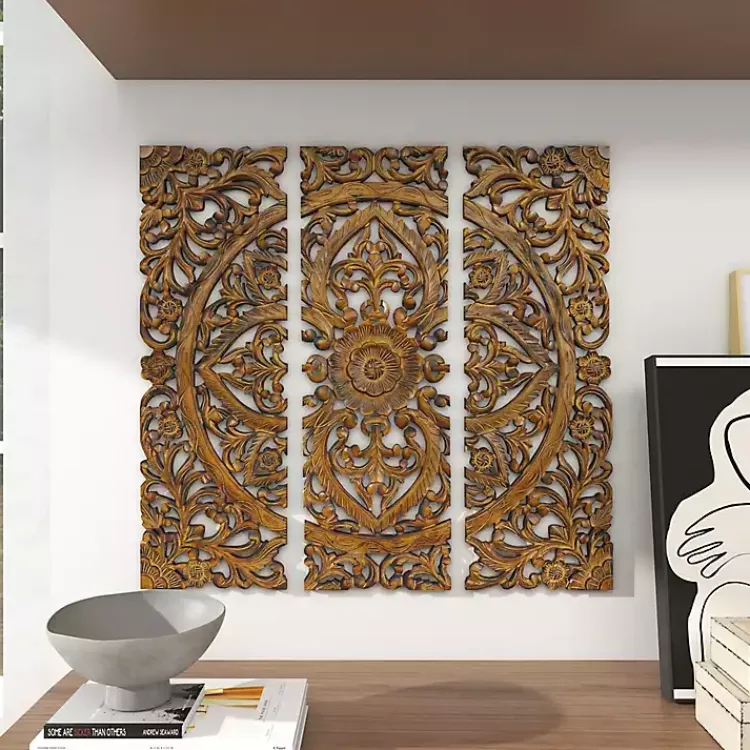 Wall Plaques-Kirklands Home Carved Mahogany 3-pc. Triptych Wall Panels Gold