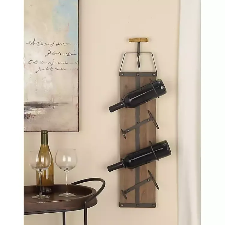 Wall Storage-Kirklands Home Wood Panel Black Metal Wine Rack Brown