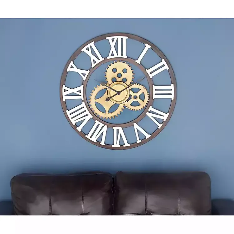 Clocks-Kirklands Home Brown Metal Open Face Gold Gears Wall Clock