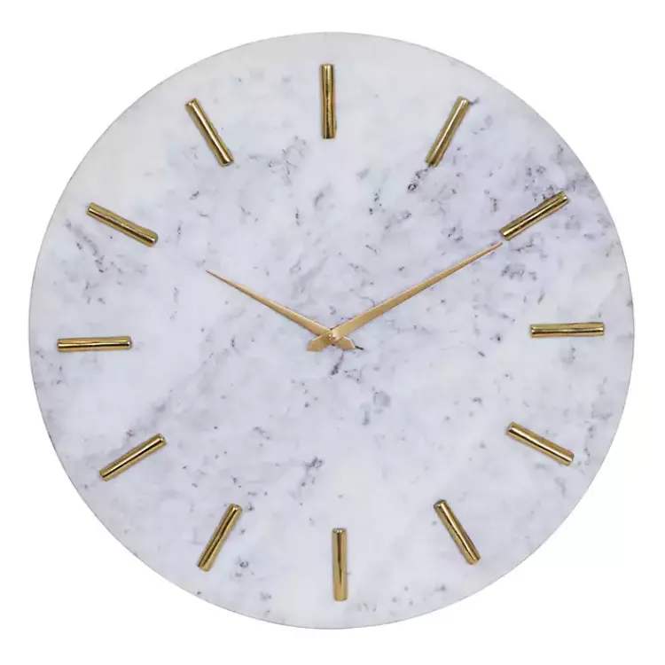 Clocks-Kirklands Home White Marble and Gold Accent Wall Clock, 20 in.