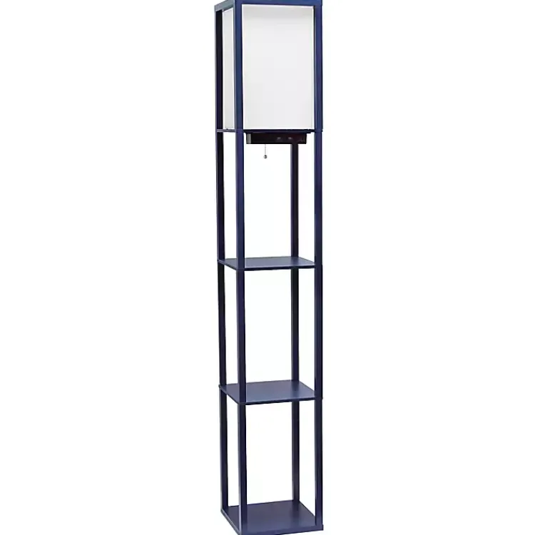 Floor Lamps-Kirklands Home Navy Etagere Shelf Charging Floor Lamp Blue