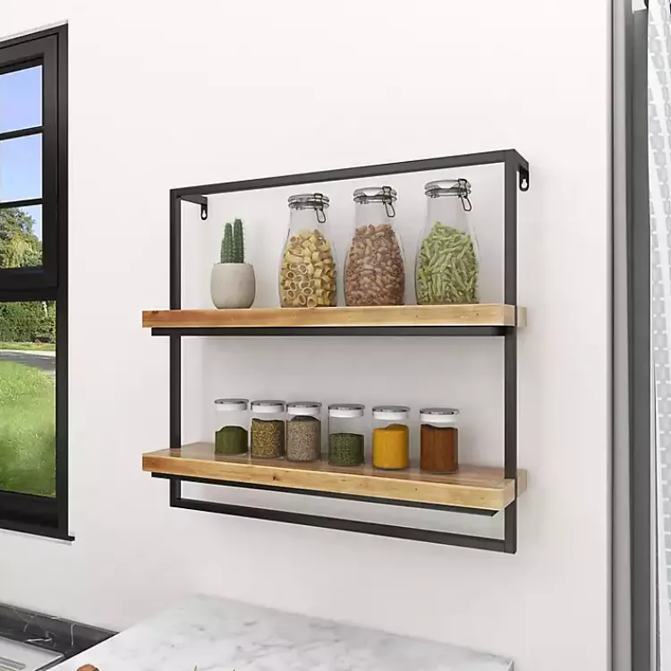 Shelves-Kirklands Home Brown Wood Black Metal Frame Wall Shelves