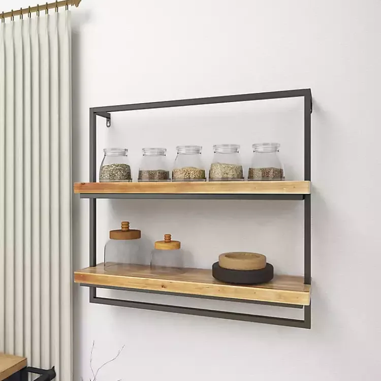 Shelves-Kirklands Home Brown Wood Black Metal Frame Wall Shelves