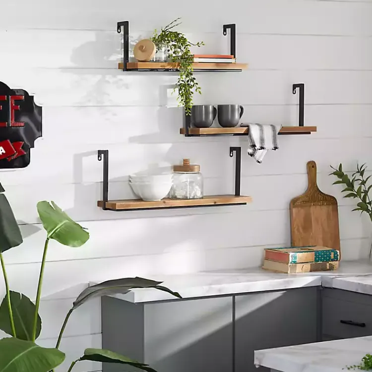 Shelves-Kirklands Home Brown Wood Black Metal Frame 3-pc. Wall Shelves