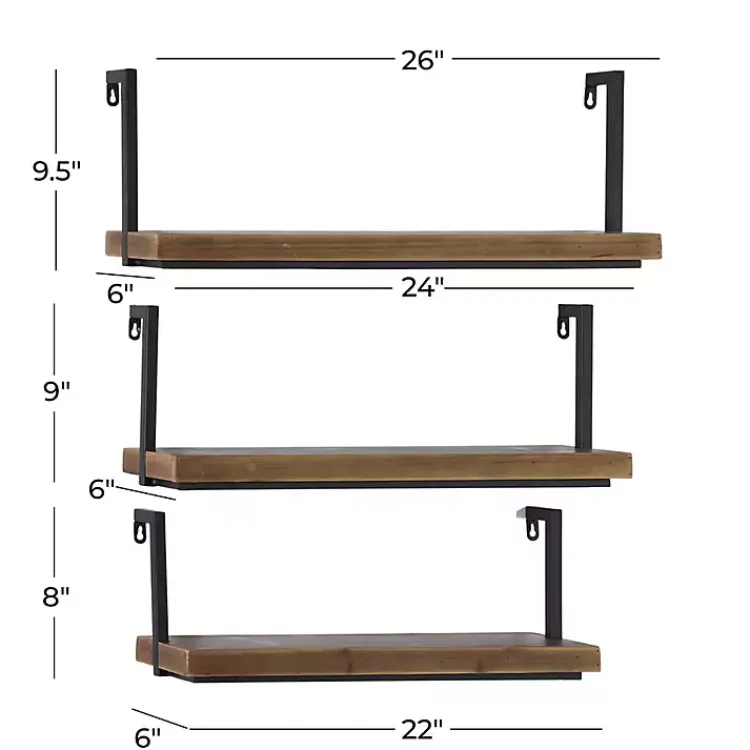 Shelves-Kirklands Home Brown Wood Black Metal Frame 3-pc. Wall Shelves