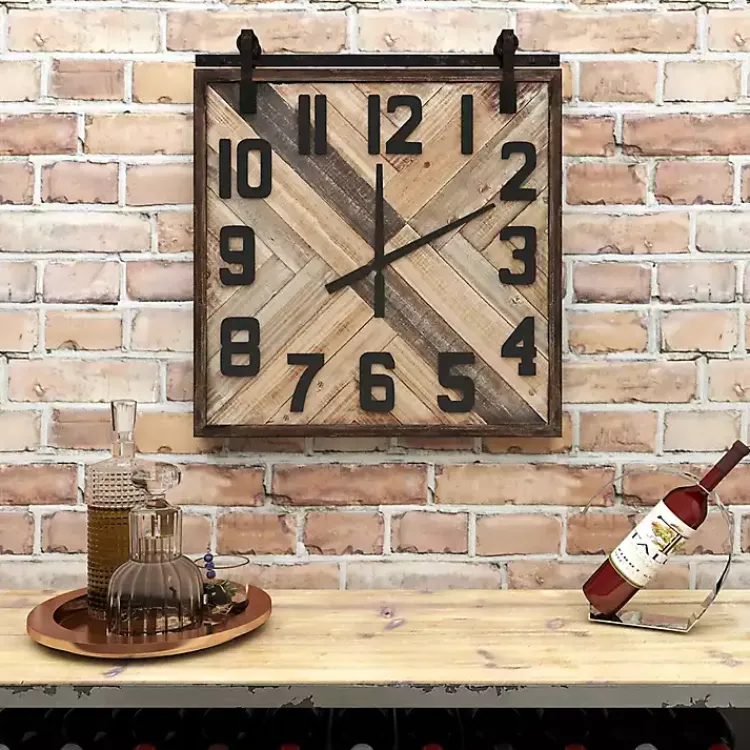 Clocks-Kirklands Home Brown Wood Black Metal Accent Square Wall Clock
