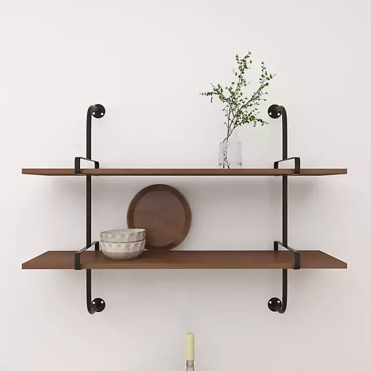 Shelves-Kirklands Home Black Metal Pipe Two-Tier Wall Mounted Shelf
