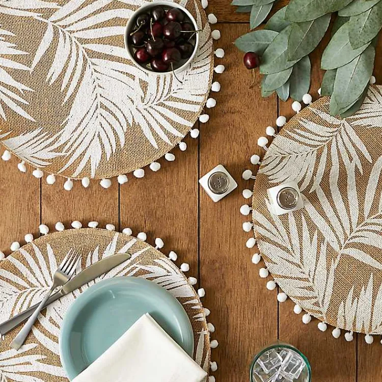 Table Linens-Kirklands Home White and Natural Fern Round Placemats, Set of 6