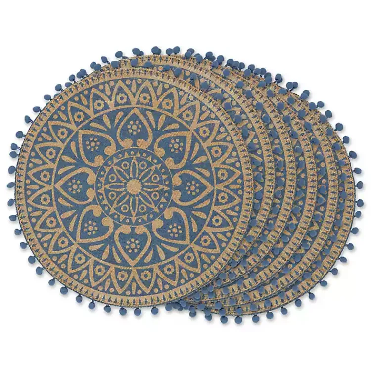 Table Linens-Kirklands Home Blue and Natural Print Round Placemats, Set of 6