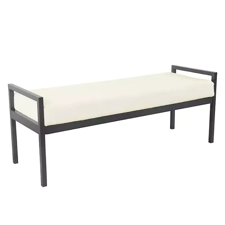 Benches & Ottomans-Kirklands Home Cream Sherpa Upholstered Metal Bench Ivory
