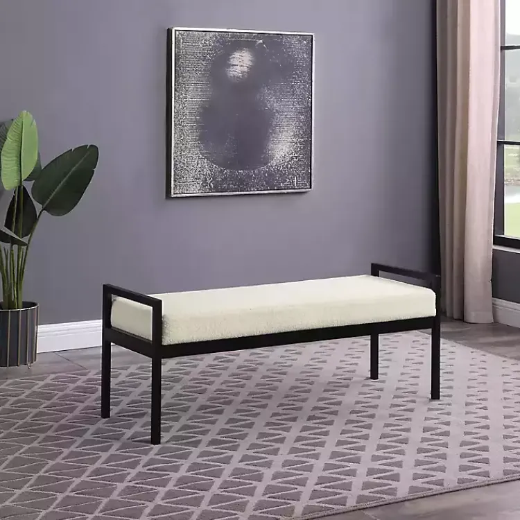 Benches & Ottomans-Kirklands Home Cream Sherpa Upholstered Metal Bench Ivory