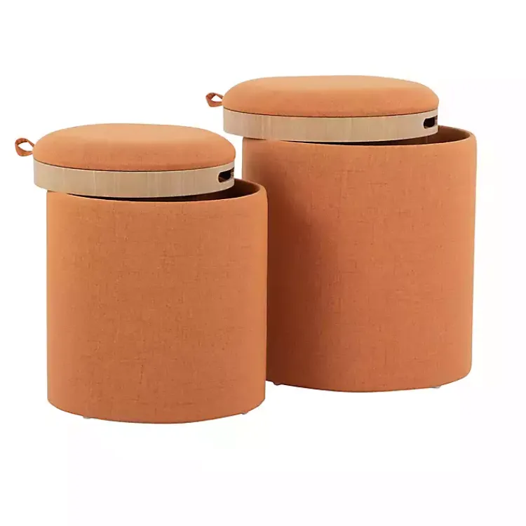 Benches & Ottomans-Kirklands Home Rust Upholstered Ottomans with Tray Tops, Set of 2 Orange