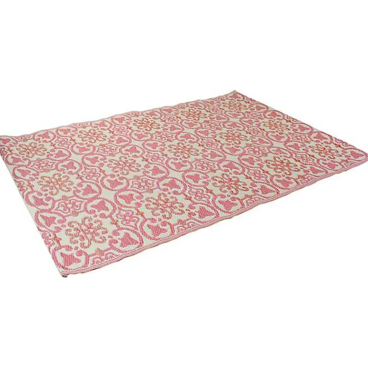 Outdoor Rugs-Kirklands Home Pink and Cream Floral Tile Outdoor Area Rug, 4x6