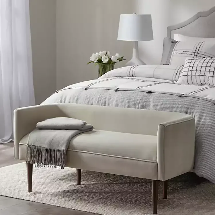 Sofas & Loveseats-Kirklands Home Cream Velvet Low Back Transitional Settee Ivory