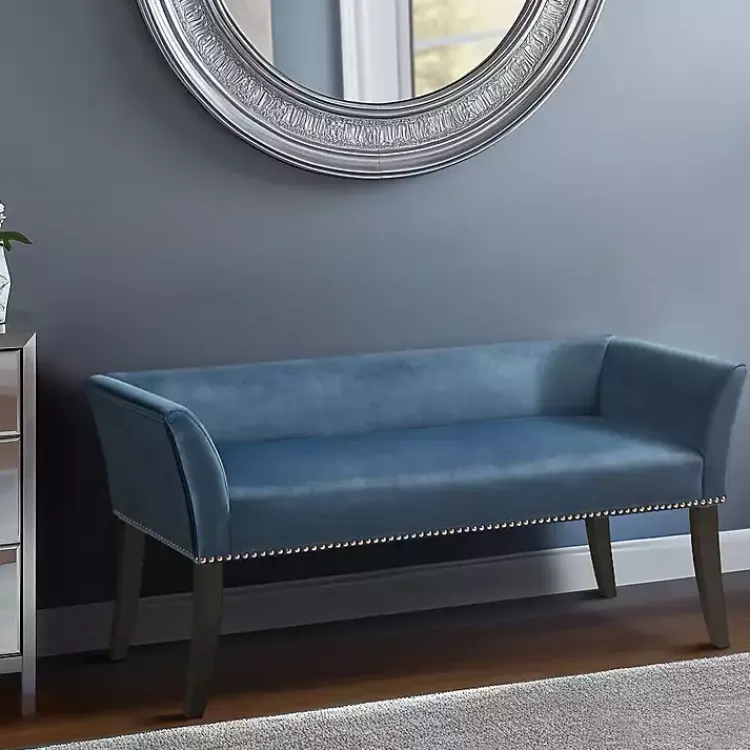 Benches & Ottomans-Kirklands Home Antique Sapphire Low Back Upholstered Bench Blue
