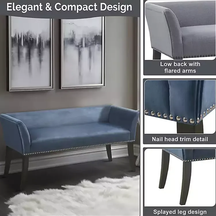 Benches & Ottomans-Kirklands Home Antique Sapphire Low Back Upholstered Bench Blue