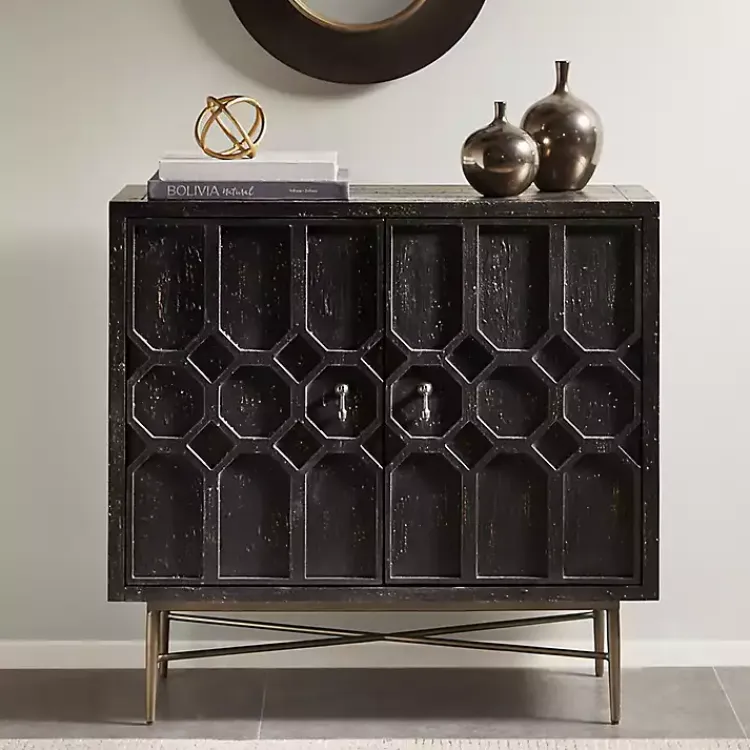 Cabinets & Sideboards-Kirklands Home Laini Distressed Modern Carved Cabinet Black