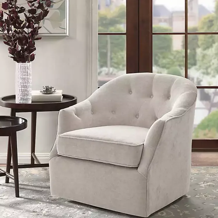 Accent Chairs-Kirklands Home Gayla Taupe Button Tufted Swivel Accent Chair Gray