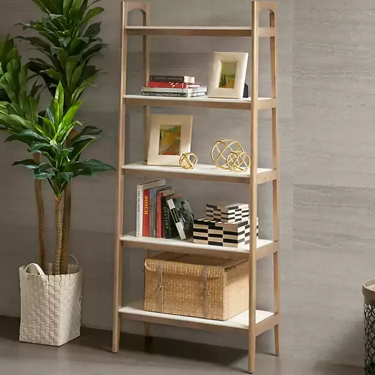 Bookshelves-Kirklands Home Off White Wood Shelves with Natural Frame Bookcase
