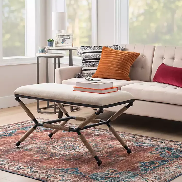 Dining Chairs-Kirklands Home White Upholstered and Wrapped Rope Metal Bench