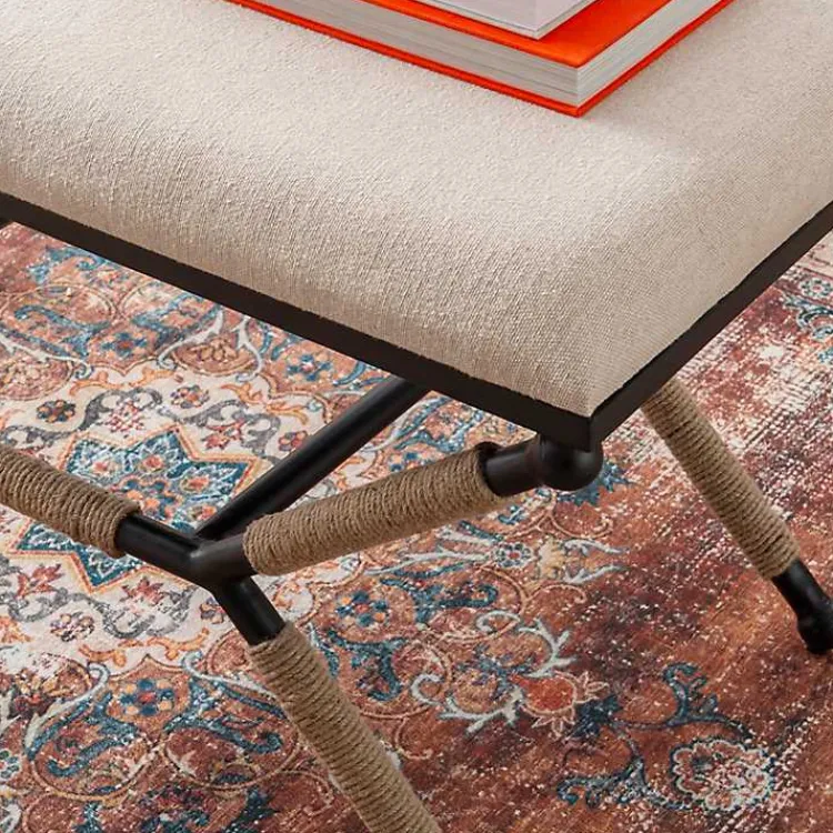 Dining Chairs-Kirklands Home White Upholstered and Wrapped Rope Metal Bench