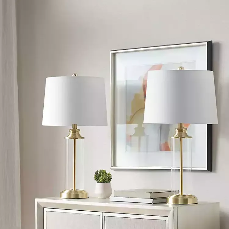 Table Lamps-Kirklands Home Clear Glass Base Gold Table Lamps, Set of 2 White