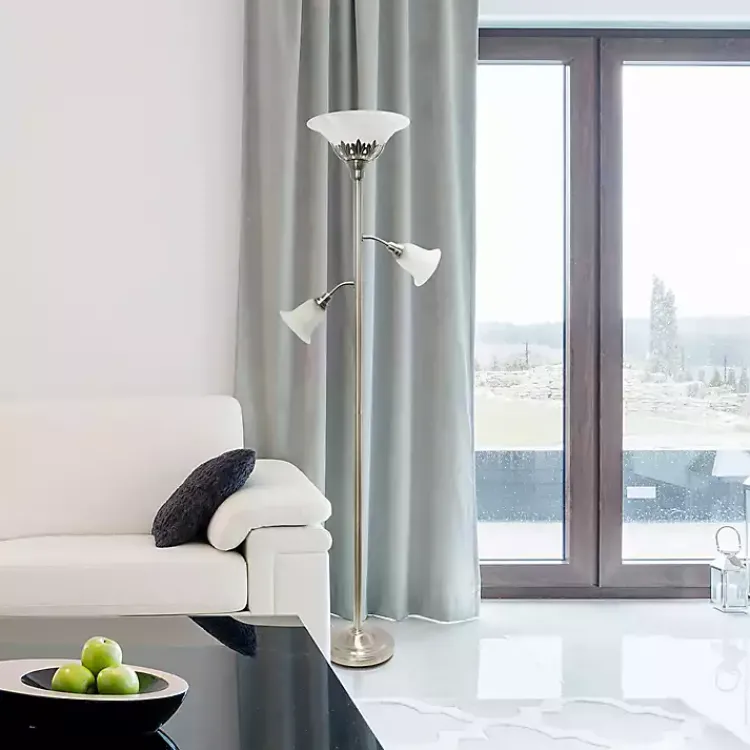 Floor Lamps-Kirklands Home Brushed Nickel 3-Scallop Glass Floor Lamp Gray