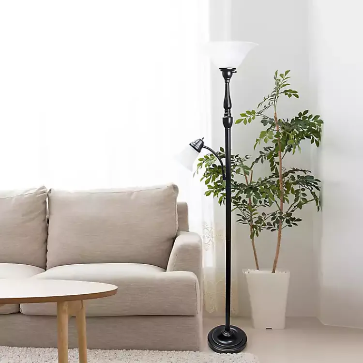 Floor Lamps-Kirklands Home Matte Bronze and White Reading Arm Torchiere Brown