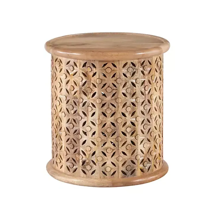 Accent & End Tables-Kirklands Home Natural Wood Carved Diamonds Accent Table Tan