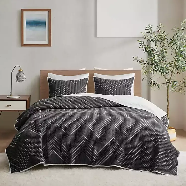 Bedspreads & Coverlets-Kirklands Home Chevron Full/Queen 3-pc. Coverlet Set Black