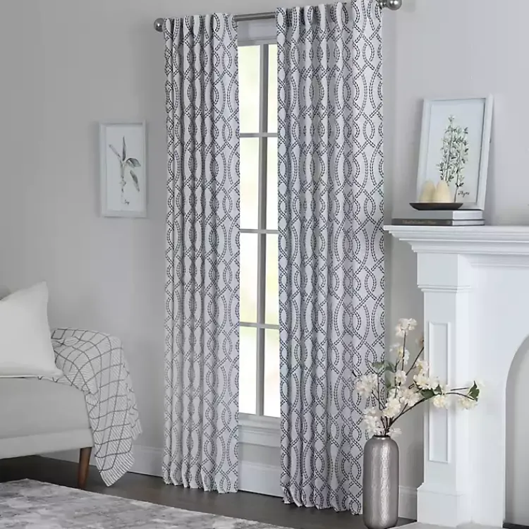 Curtains & Drapes-Kirklands Home Navy Trellis Woven Single Curtain Panel, 84 in.