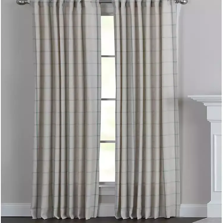 Curtains & Drapes-Kirklands Home Green Checkered Single Curtain Panel, 84 in.