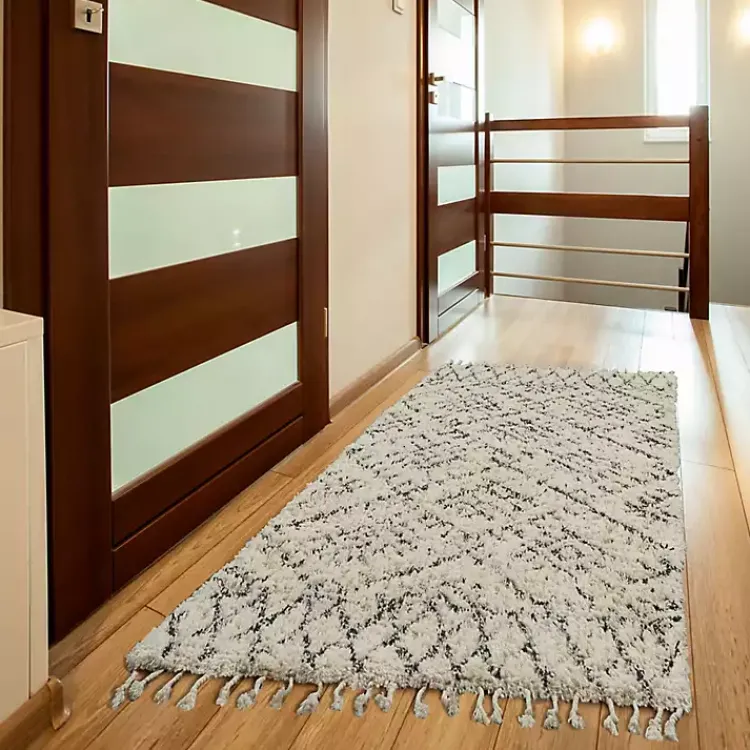 Area Rugs-Kirklands Home Charcoal and Ivory Linear Fringe Runner, 2x6