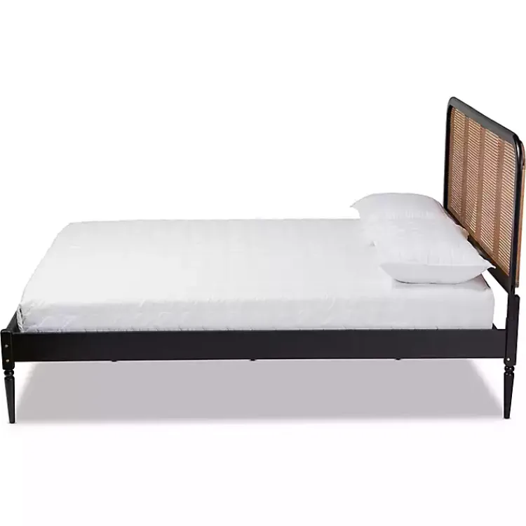 Beds & Headboards-Kirklands Home Mid-Century Black Wood Rattan Queen Platform Bed