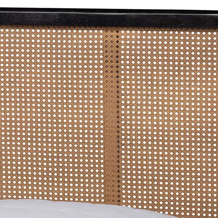 Beds & Headboards-Kirklands Home Mid-Century Black Wood Rattan Queen Platform Bed