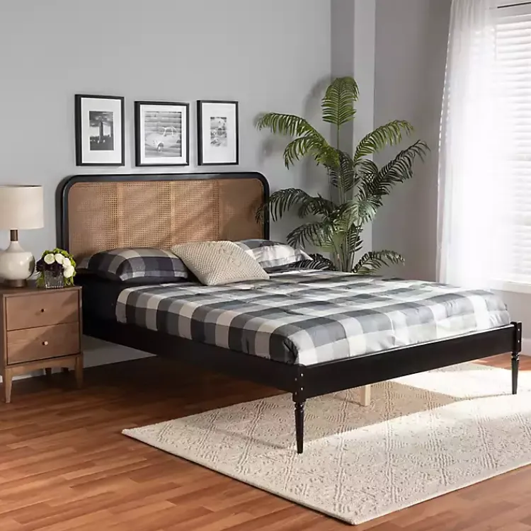 Beds & Headboards-Kirklands Home Mid-Century Black Wood Rattan Queen Platform Bed