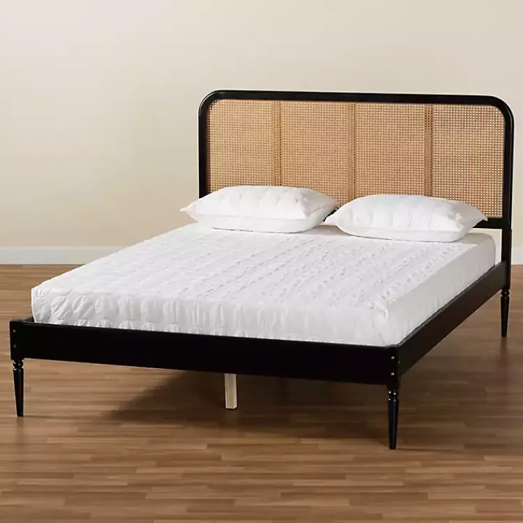 Beds & Headboards-Kirklands Home Mid-Century Black Wood Rattan Queen Platform Bed
