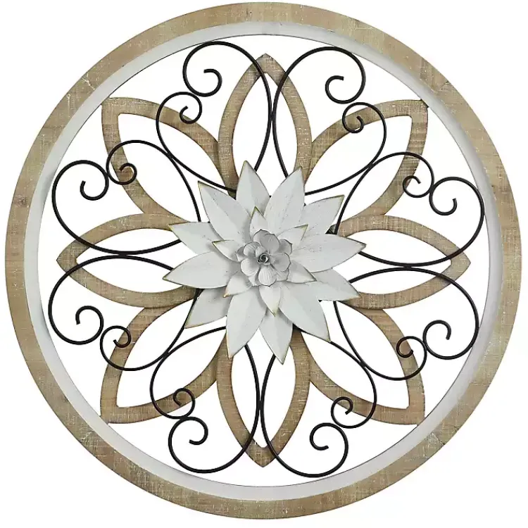 Wall Plaques-Kirklands Home White Metal and Wood Floral Round Wall Plaque