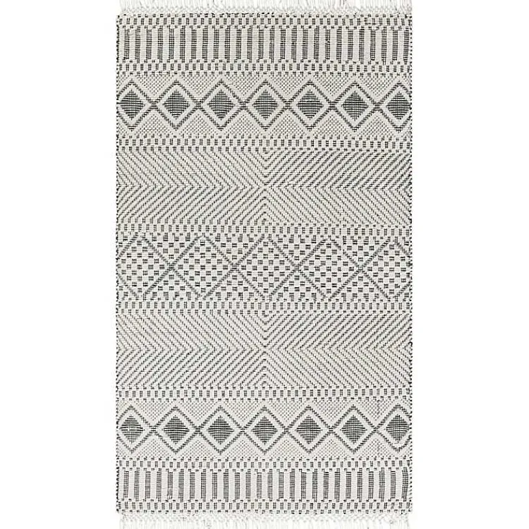 Area Rugs-Kirklands Home White and Black Diamond Tassel Wool Area Rug, 5x7