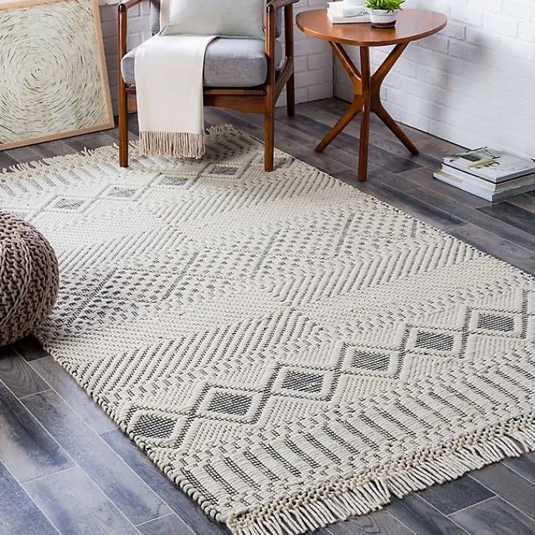 Area Rugs-Kirklands Home White and Black Diamond Tassel Wool Area Rug, 5x7