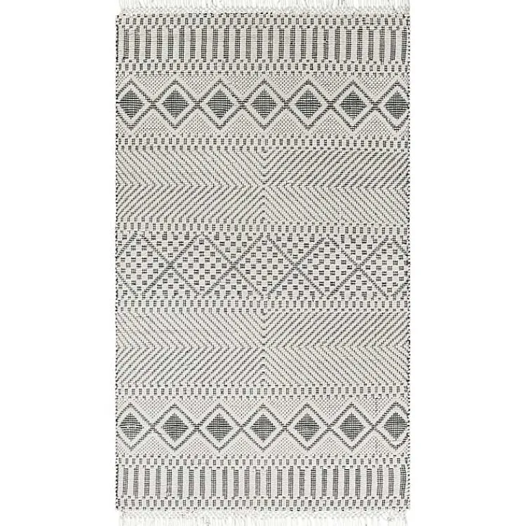 Area Rugs-Kirklands Home White and Black Diamond Tassel Wool Area Rug, 8x10