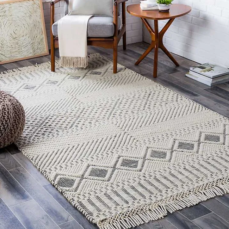 Area Rugs-Kirklands Home White and Black Diamond Tassel Wool Area Rug, 8x10