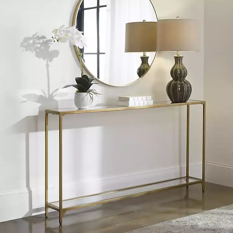 Entryway Furniture-Kirklands Home Warm en Mirrored Top Console Table Gold