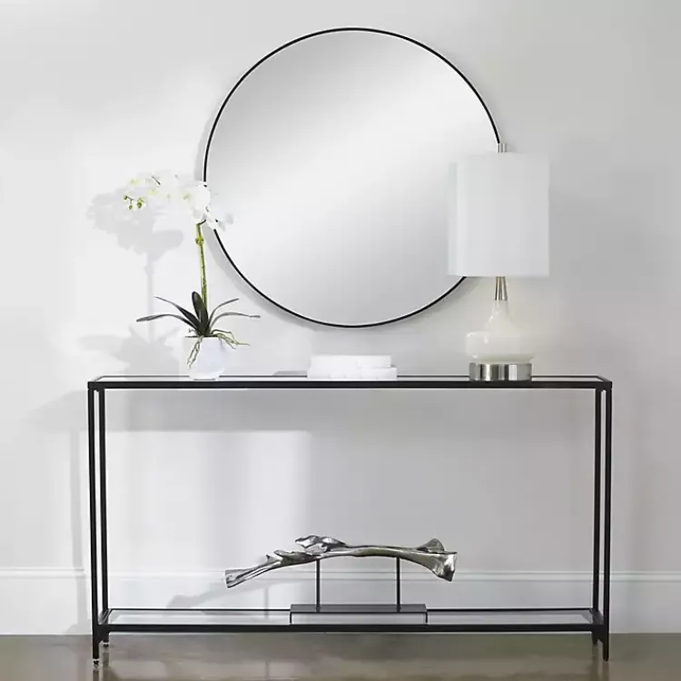 Console Tables-Kirklands Home Black Metal Mirrored Top Console Table