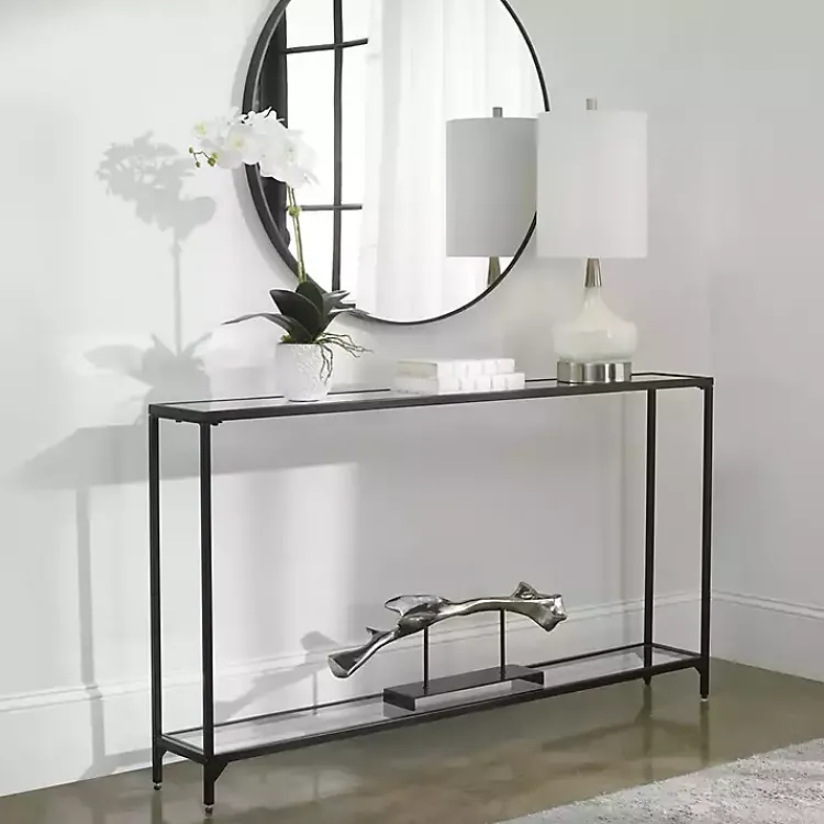 Console Tables-Kirklands Home Black Metal Mirrored Top Console Table