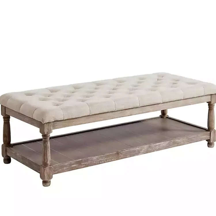 Benches & Ottomans-Kirklands Home Beige Tufted Linen and Wood Bench Tan